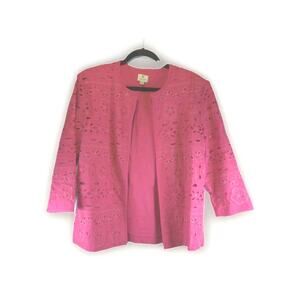 Chico's Open Front Jacket Womens 2 Fuchsia Pink Floral Cut Outs 3/4 Sleeves